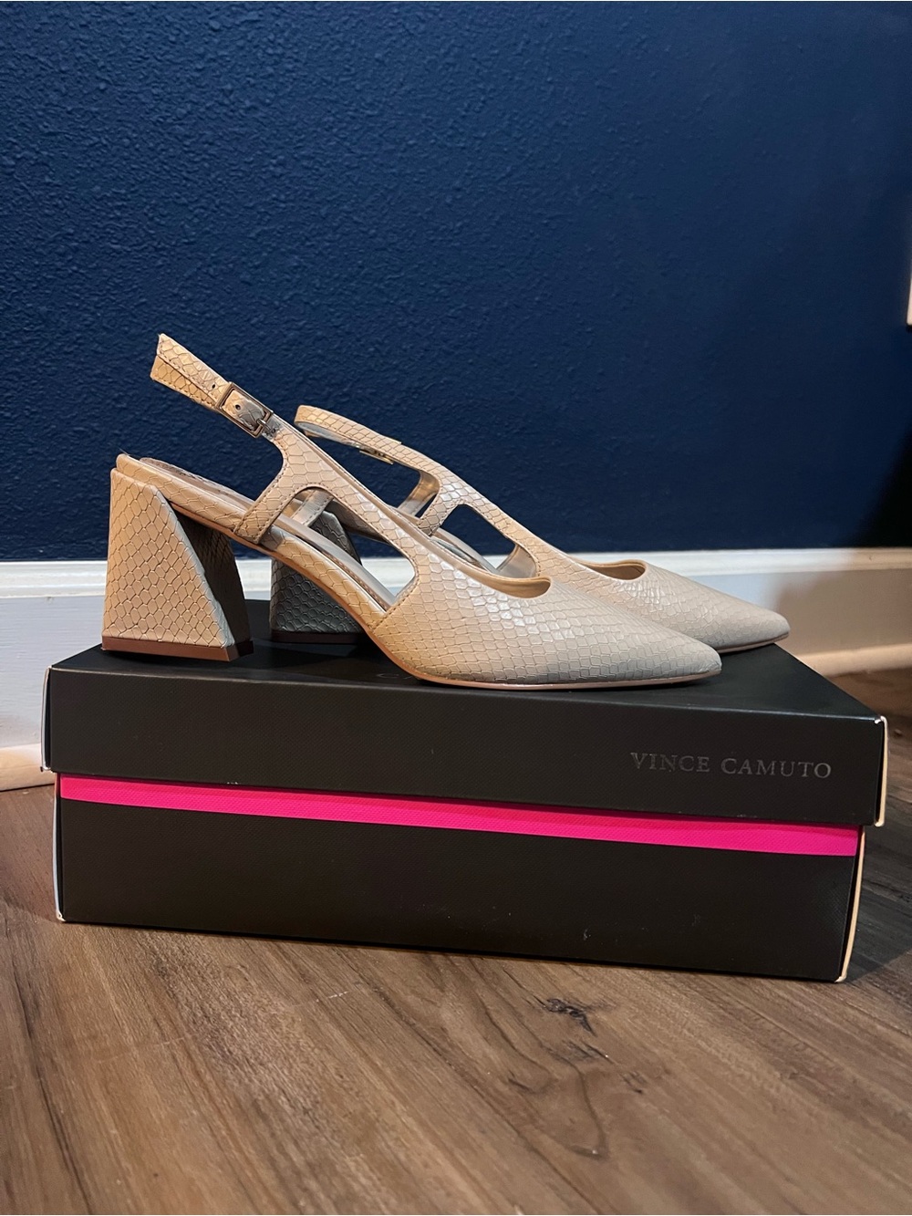 Vince Camuto Textured Beige Slingback Block Heels